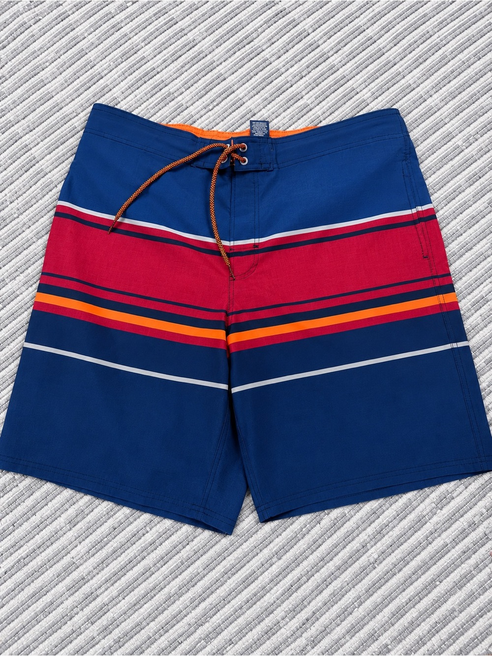 George Navy Swim Trunks with Red and Orange Stripes